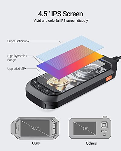 DEPSTECH Endoscopio de doble lente, cámara de inspección HD 1080P de 4.5 pulgadas con luz, boroscopio industrial de 7.9 mm IP67 impermeable, batería de 3300 mAh, funda de almacenamiento, cable semirrígido de 16.5 pies, tarjeta de 32 GB