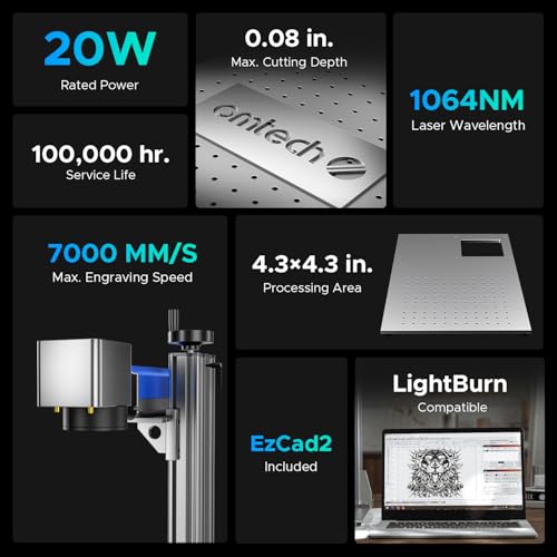 OMTech Grabador láser de fibra de 20 W, máquina de grabado láser compatible con LightBurn con puntero de punto rojo, máquina de grabado láser de estado sólido de 4.3 x 4.3 para metal, aluminio, acero LYF-20W