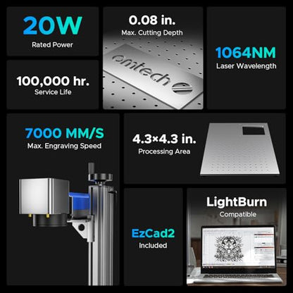 OMTech Grabador láser de fibra de 20 W, máquina de grabado láser compatible con LightBurn con puntero de punto rojo, máquina de grabado láser de estado sólido de 4.3 x 4.3 para metal, aluminio, acero LYF-20W