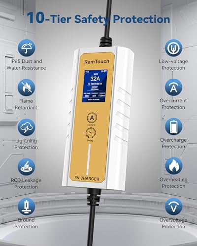 RamTouch Mobile Wallbox (7,4 kW, Tipo 2, Conector CEE 32 A, 6,5 m), Cargador EV con función de Carga Ajustable y planificada de 8 a 32 A, Cable de Carga Tipo 2, Compatible con vehículos eléctricos e
