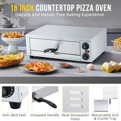 GarveeHome - Horno eléctrico de pizza para interior, encimera de 16 pulgadas, horno comercial de pizza con parrilla para parrilla, bandeja para migas, mango y almohadillas para orejas para pies,