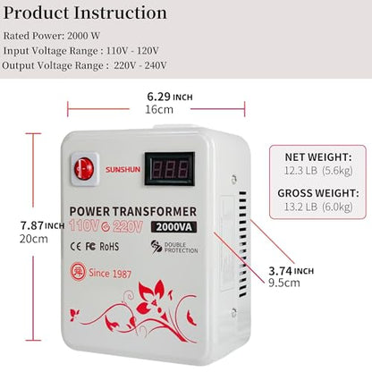 SUNSHUN Convertidor de 110 V a 220 V, transformador elevador de 2000 W de 110 V a 220 V con pantalla de voltaje para electrodomésticos asiáticos europeos de 220/240 voltios utilizados en EE. UU