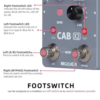 MOOER CAB X2 Dual Footswitch Cab Sim IR Carga Estéreo Gabinete Simulación Pedal con 14 Presets Ranuras Compatible con Edición de Software