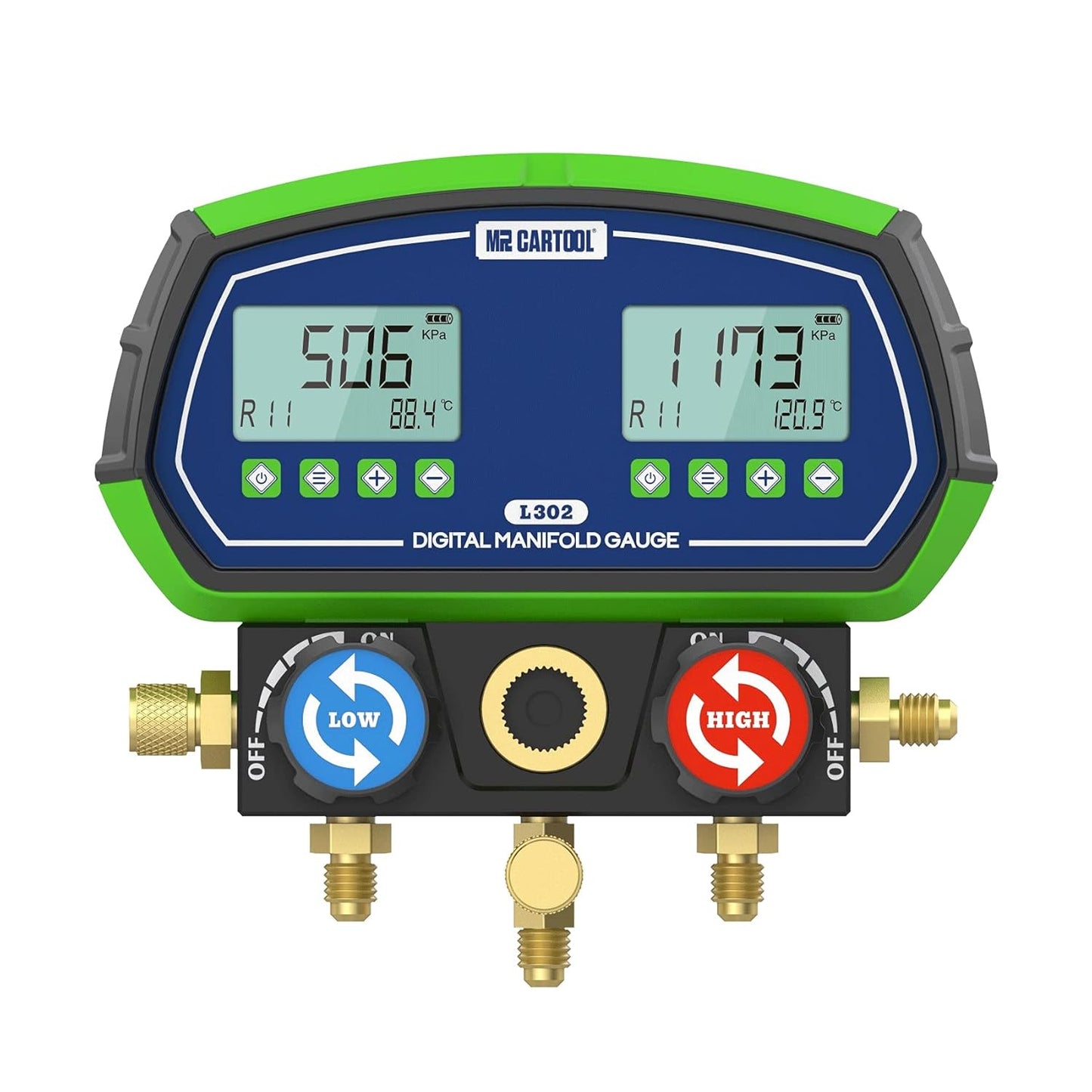 MR CARTOOL L302 - Juego de medidores digitales de 2 válvulas, sistemas refrigerantes HVAC, herramienta de comprobador de presión de fugas con 3 mangueras para aire acondicionado, refrigeración y