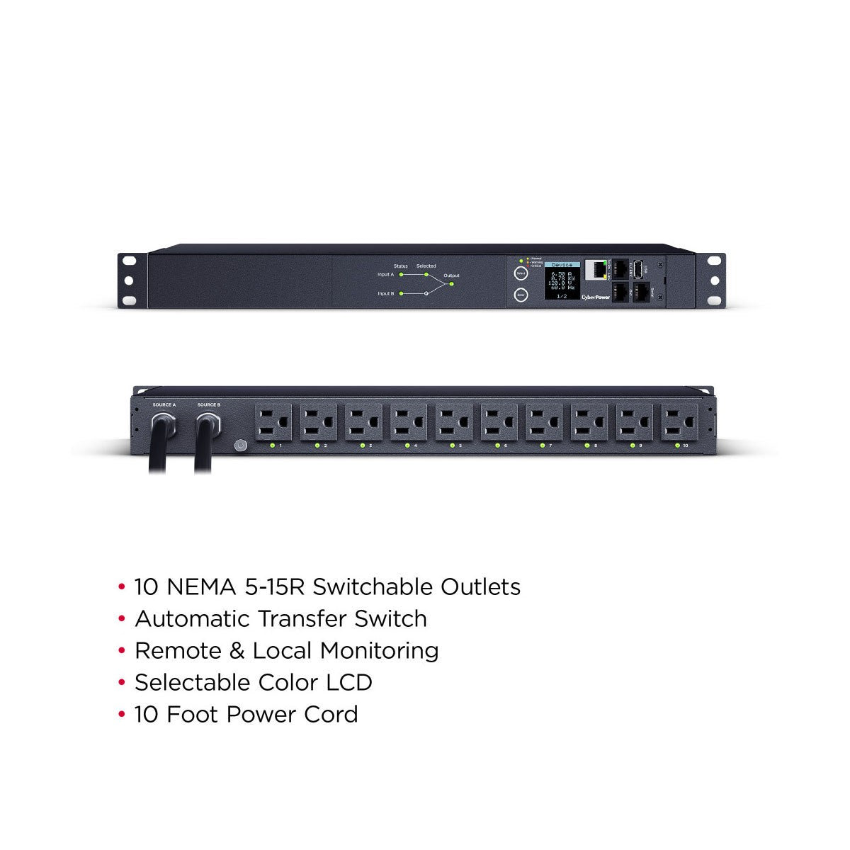 Unidad de distribución de energía conmutada ATS CyberPower PDU44001 de 10 tomas para montaje en rack de 1U