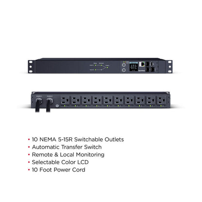 Unidad de distribución de energía conmutada ATS CyberPower PDU44001 de 10 tomas para montaje en rack de 1U