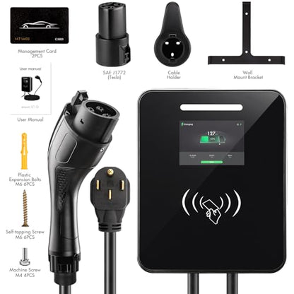 Cargador EV de nivel 2 de 48 amperios, 240 V, 11.5 KW 16 pies estación de carga de vehículos eléctricos con enchufe NEMA 14-50 y aplicación inteligente SAE J1772, carga programada