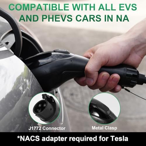 RUTU Cargador Ev de nivel 2 J1772, cargador Ev de nivel 2 de 48 amperios, cableado de hasta 11.5 Kw, cargadores eléctricos inteligentes para automóvil con cable flexible de 25 pies, estaciones de