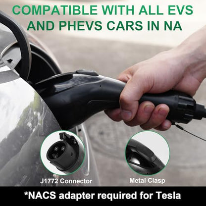 RUTU Cargador Ev de nivel 2 J1772, cargador Ev de nivel 2 de 48 amperios, cableado de hasta 11.5 Kw, cargadores eléctricos inteligentes para automóvil con cable flexible de 25 pies, estaciones de