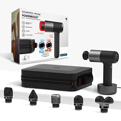 Sharper Image® Powerboost® Pro+ Pistola de masaje de tejido profundo caliente y frío - 6 velocidades, 6 accesorios, batería de 5 horas, estuche de viaje, base de carga, masajeador #1015848