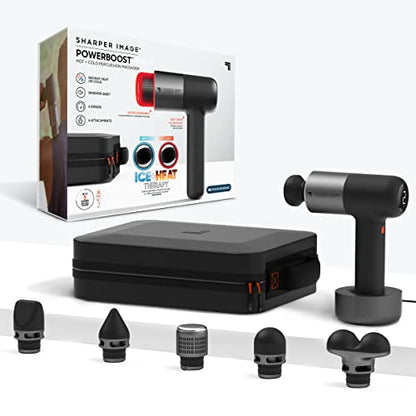 Sharper Image® Powerboost® Pro+ Pistola de masaje de tejido profundo caliente y frío - 6 velocidades, 6 accesorios, batería de 5 horas, estuche de viaje, base de carga, masajeador #1015848