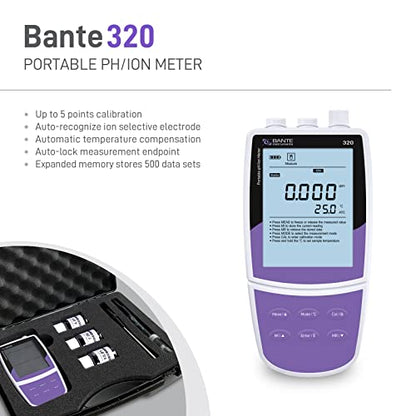 Medidor portátil de iones de pH Bante 320 | Medidor de iones portátil | Contiene modos de medición de pH, ORP e iones | Precisión ± 0.002 pH, ± 0.2 mV, ± 1% F.S. | 500 juegos de almacenamiento de datos
