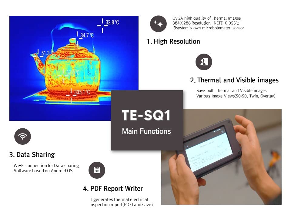 TE-SQ1, cámara de imágenes térmicas i3system, resolución IR de 384x288, pantalla táctil de 5 pulgadas, diseñada y fabricada en Corea, -40℉~662℉, todas las preocupaciones anteriores