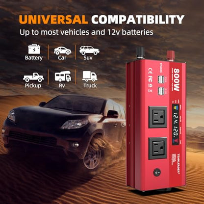 Inversor de corriente de 800 W, 12 V CC a 110 V CA para automóvil, vehículos, RV, camión, exterior, convertidor con tomas de corriente de CA duales, cuatro puertos USB y cables gruesos,
