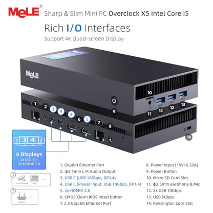 MeLE Overclock X5 Ultra Slim MiniPC Core-i5 12450H (hasta 4.4 GHz), 32 GB RAM 1 TB SSD, 3940 MB/s, 2 ranuras M.2, pantalla cuádruple HDMI×2/USB-C*2/4K computadora de escritorio oficina industrial y entretenimiento