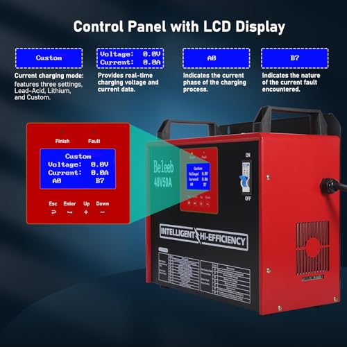 Cargador de batería ajustable de 48 V 50 A, cargador inteligente para baterías de plomo-ácido y litio LiFePO4, cargador cableado de 240 V CA para carretillas elevadoras, carros de golf, BLB-48V50A