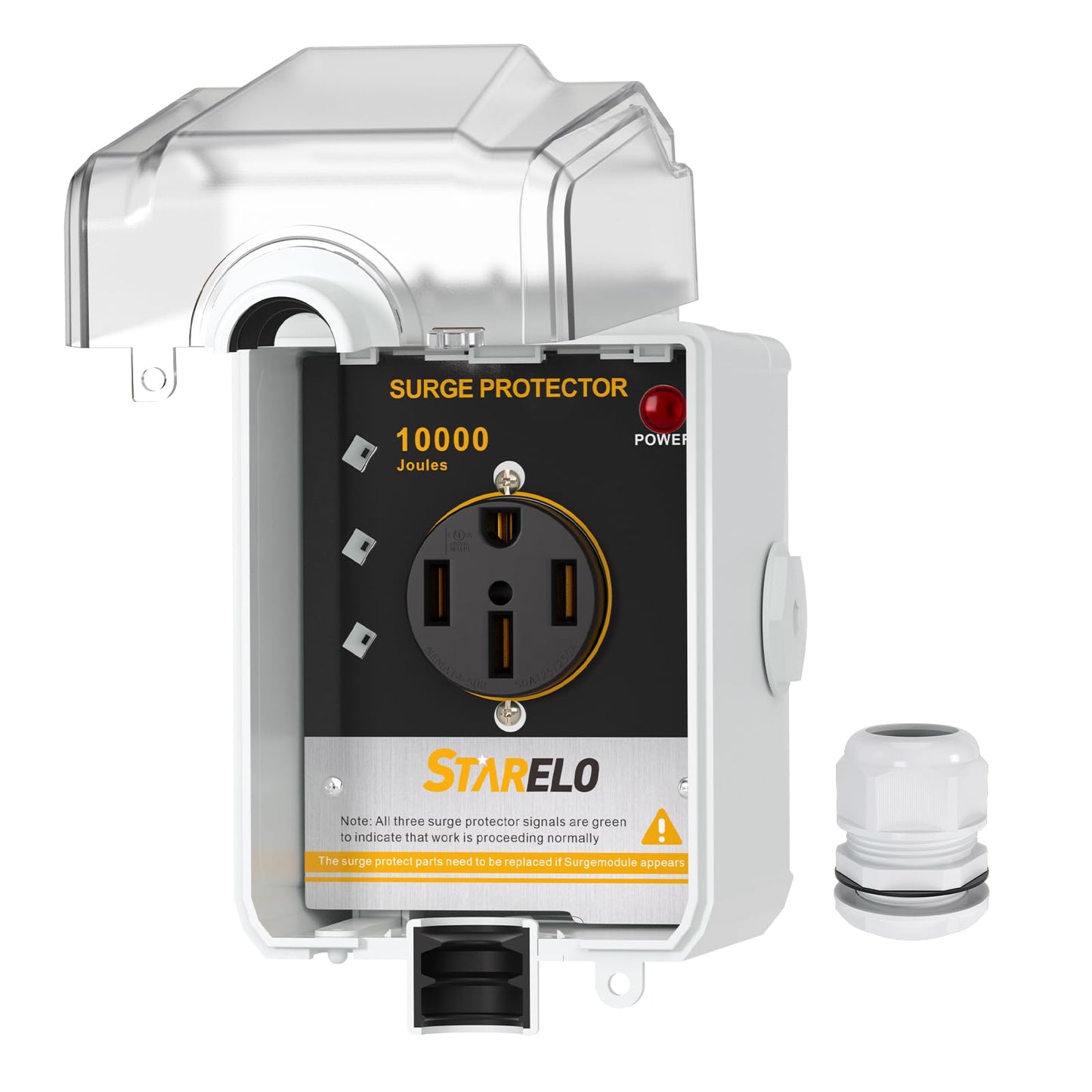 STARELO Caja de toma de corriente RV de 50 amperios con protector de sobretensiones impermeable (10000 julios), receptáculo NEMA 14-50R 125/250 voltios, con protección contra sobretensiones para