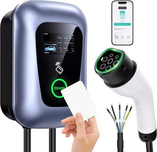 Osoeri EV Estación de Carga, EV Cargador Monofásica/Trifásico Máximo 22KW Ajustable, MAX 32A Cargador Coche Electrico Tipo 2 con Control de App/RFID, Enchufe Europeo IEC 62196-2 con Cable 5M - ‎OS-EC01
