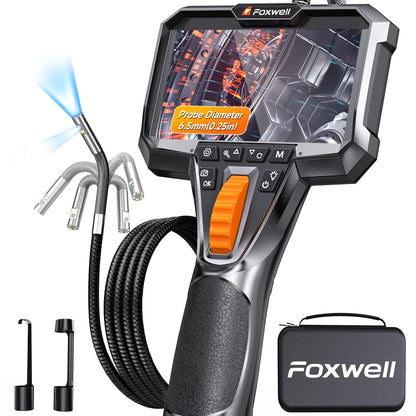 FOXWELL Elite - Boroscopio articulado de 2 vías de doble lente de 220°, sonda ultrafina de 0.25 pulgadas, pantalla IPS HD, impermeable IP67, cámara flexible para inspecciones automotrices, HVAC, fontanería e industriales de 5.3 pies
