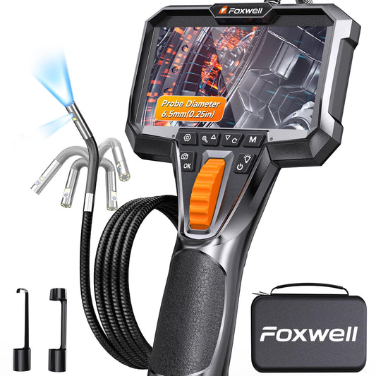 FOXWELL Elite - Boroscopio articulado de 2 vías de doble lente de 220°, sonda ultrafina de 0.25 pulgadas, pantalla IPS HD, impermeable IP67, cámara flexible para inspecciones automotrices, HVAC, fontanería e industriales de 5.3 pies