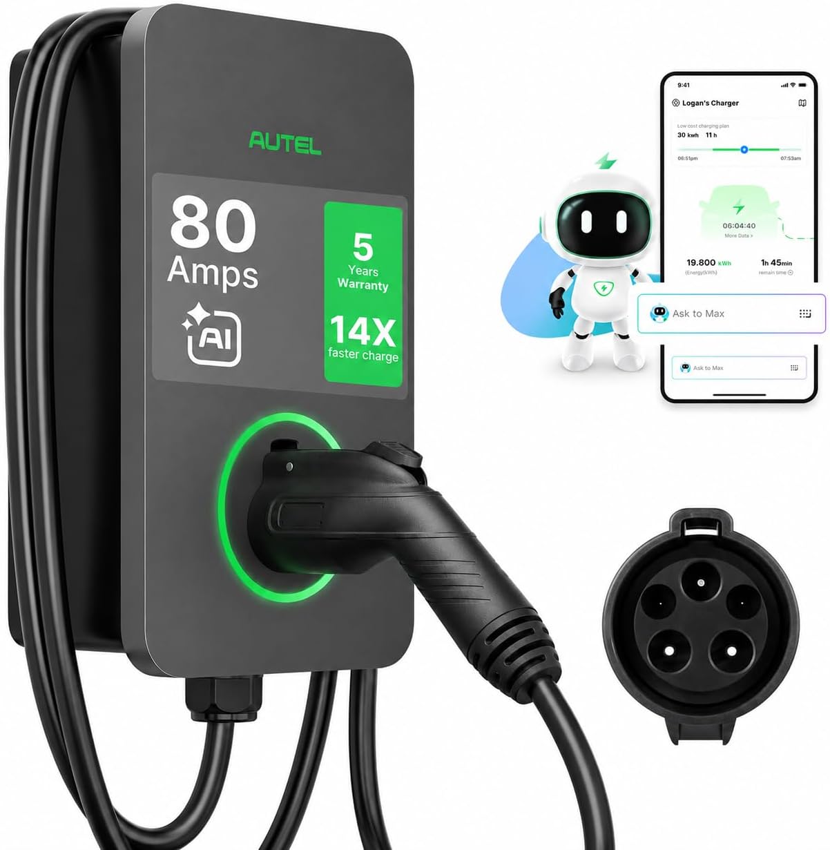 Autel MaxiCharger 	Maxi UW19LB02 Cargador de Vehículo Eléctrico (EV) de Nivel 2, hasta 80 Amperios de Carga Rápida Cargador EV Nivel 2, Nube Integrada con IA, Estaciones de Carga Interior/Exterior J1772, Cableado