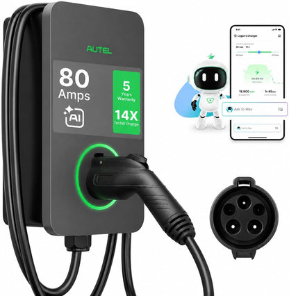 Autel MaxiCharger 	Maxi UW19LB02 Cargador de Vehículo Eléctrico (EV) de Nivel 2, hasta 80 Amperios de Carga Rápida Cargador EV Nivel 2, Nube Integrada con IA, Estaciones de Carga Interior/Exterior J1772, Cableado