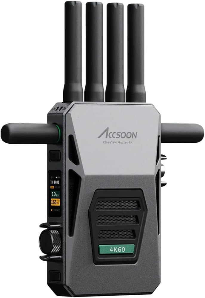 ACCSOON CineView Master 4k Sistema de transmisión de video inalámbrico Transmisor y receptor 2.4+5Ghz+6GHz Transmisión de tres bandas 604k Resolución 25 ms Latencia 8202ft Rango 1 con cable + 4