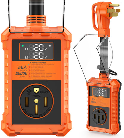 Protector contra sobretensiones RV de 50 amperios, 20000 julios, analizador de circuitos RV con pantalla LED, adaptador de enchufe para caravanas de viaje (50 A con pantalla LED)