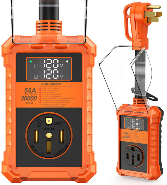 Protector contra sobretensiones RV de 50 amperios, 20000 julios, analizador de circuitos RV con pantalla LED, adaptador de enchufe para caravanas de viaje (50 A con pantalla LED)