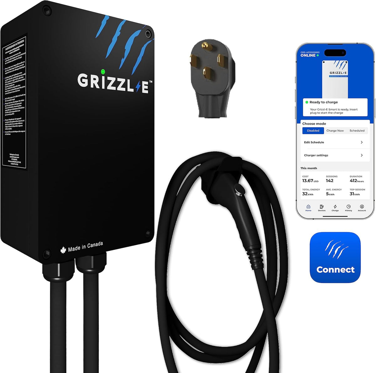 Grizzl-E Classic Connect 40A / 9,6 kW Nivel 2 EV, probado y certificado por UL, Energy Star, carcasa de metal para interiores y exteriores, estación de carga inteligente de pared para coche, NEMA 14 GRS-14-25J1772-B