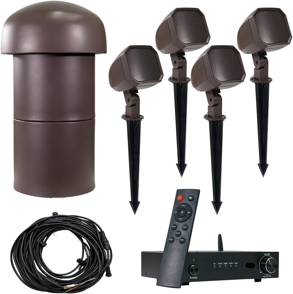 VOLT Sistema de audio para exteriores OHM 4.1 con 4 altavoces satélite, subwoofer y amplificador Bluetooth, proporciona cobertura de hasta 1300 pies cuadrados VAU-KIT3-PBZ