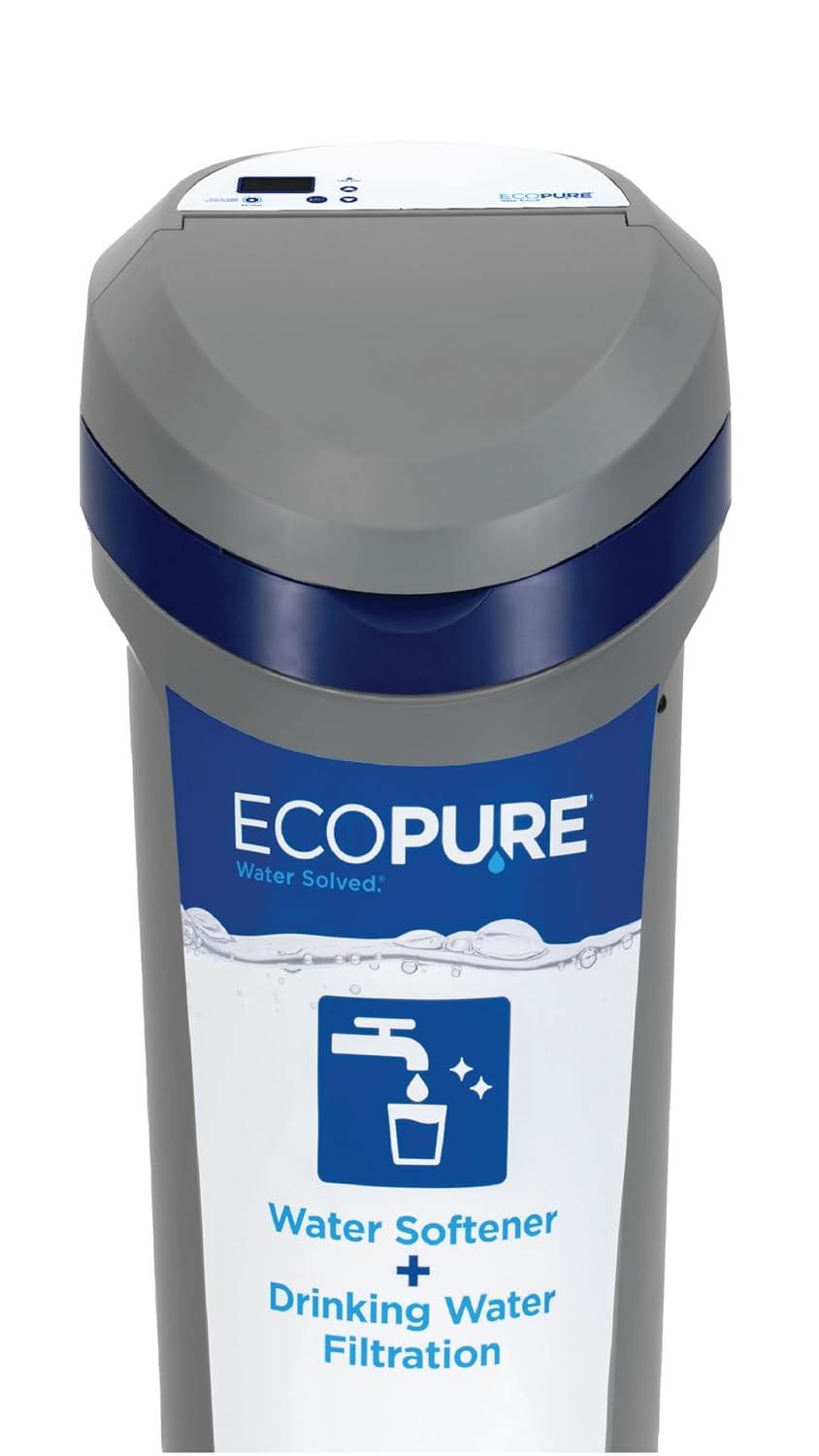 EcoPure EPH130 Suavizador de agua y sistema de filtración para toda la casa - Diseño 2 en 1 para agua blanda y agua potable de mejor sabor, tecnología AutoSense AI