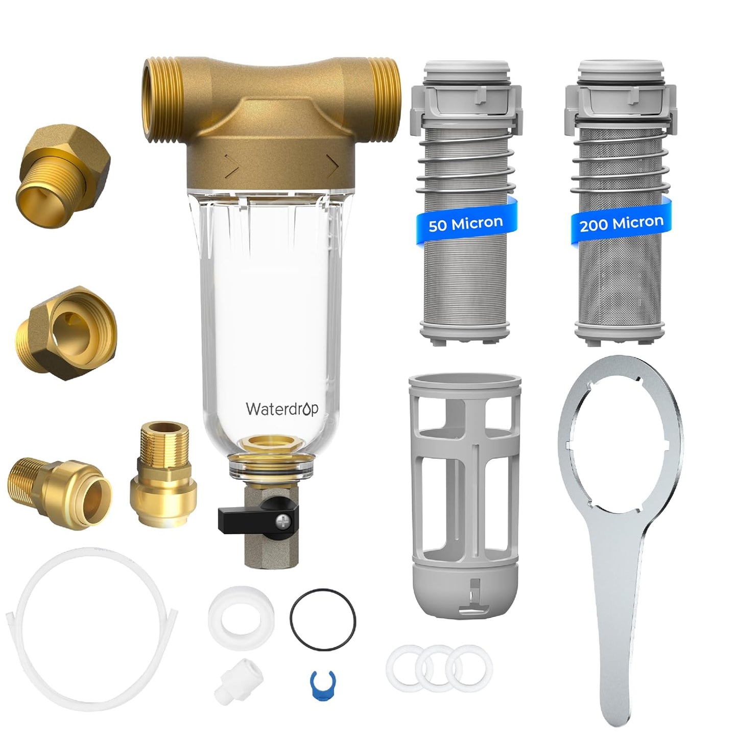 Waterdrop WD-RPFK52 Filtro de sedimento giratorio para toda la casa con retrolavado, 50 micrones+200 micrones, 1" MNPT + 3/4" FNPT + 3/4" MNPT, atrapa arena, libre | Backwash System for Well Water, 1" MNPT + 3/4" FNPT + 3/4" MNPT, Traps Sand