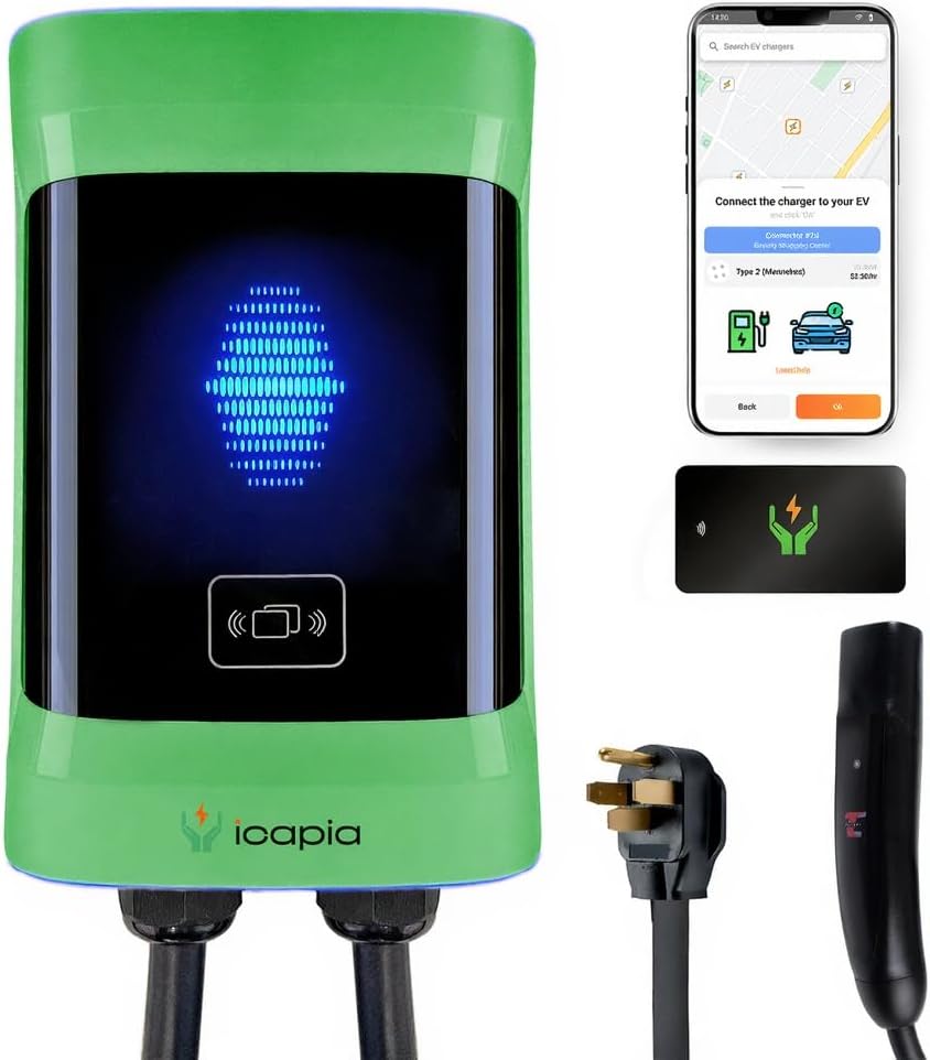 Icapia Cargador EV de nivel 2 comercial – 11.5kW Hardwire o 9.6kW Plug-in con cable de 25 pies, conector J1772 | Estación de carga habilitada y totalmente lista para OCPP 1.6 – RFID, control de aplicaciones ICACOP48-PS Tesla (NACS)