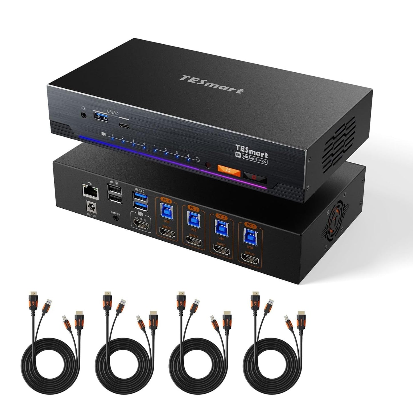 TESmart Conmutador KVM HDMI de 8K a 60Hz, 4 computadoras, 1 monitor USB 3.0, 4 puertos KVM 4K a 144Hz para juegos, 1G Ethernet, emuladores EDID, interruptor de tecla rápida, chip ADI, HKS401-M24-USBK