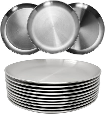 Platos de acero inoxidable 304 de 9 pulgadas, ligeros, irrompibles, juego de platos de cena no tóxicos, aptos para lavavajillas, sin BPA y saludables (10 piezas)