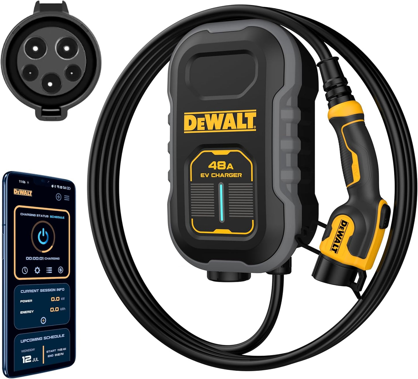 DEWALT Cargador compacto de nivel 2 para vehículos eléctricos cableado, 48 A, 240 V, con control de aplicación, Bluetooth, Wi-Fi, estación de carga EV para montaje en pared 	EV100D-48W2J