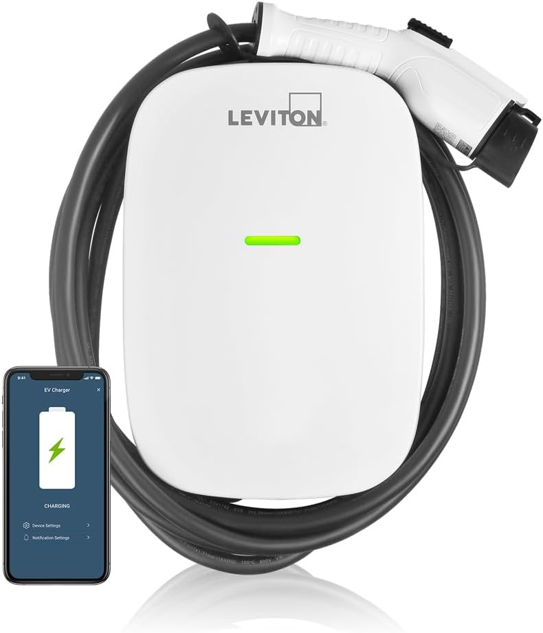 Leviton Level 2 Cargador eléctrico Inteligente para vehículo (EV) con Wi-Fi, 48 Amp, 208/240 Vac, Salida de 11.6 kW, Cable de 18 pies, estación de Carga Cableada, EV48W