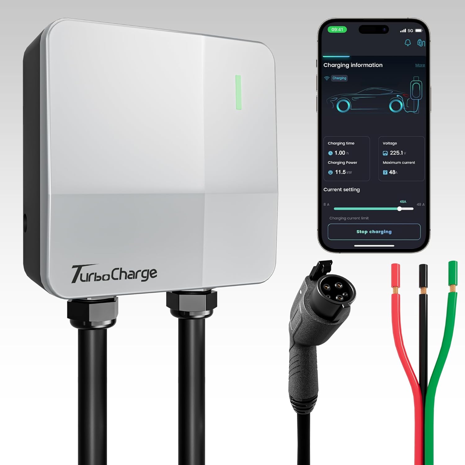 Cargador EV de nivel 2 de 48 amperios - Cargador inteligente para vehículos eléctricos de nivel 2 para el hogar, estaciones de carga de vehículos eléctricos de 240 V, 11.5 kW, cable de 25 pies Hardwired J1772