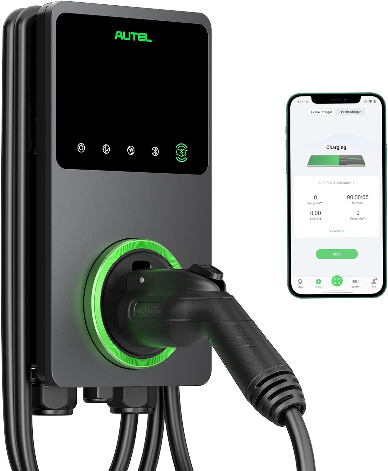 Autel MaxiCharger Home Smart - Cargador de vehículo eléctrico (EV), 50 amperios nivel 2 Wi-Fi y Bluetooth habilitado EVSE, estación de carga de coche para interiores y exteriores, con funda en el cuerpo y cable premium de 25 pies Hardwire
