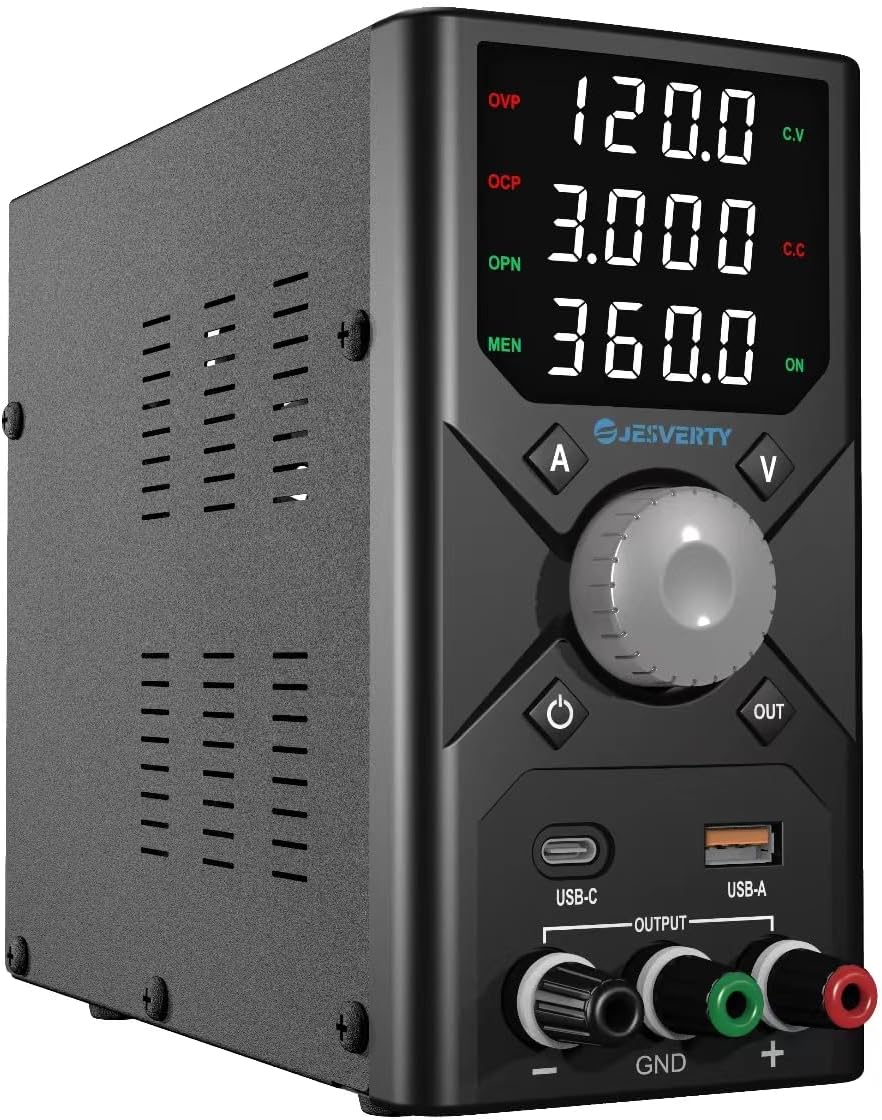 Fuente de alimentación CC variable, fuente de alimentación regulada con conmutación ajustable de 30 V 10 A con pantalla de 4 dígitos de alta precisión, 5 almacenes de memoria, salida dual USBC y USBA 120V 3A