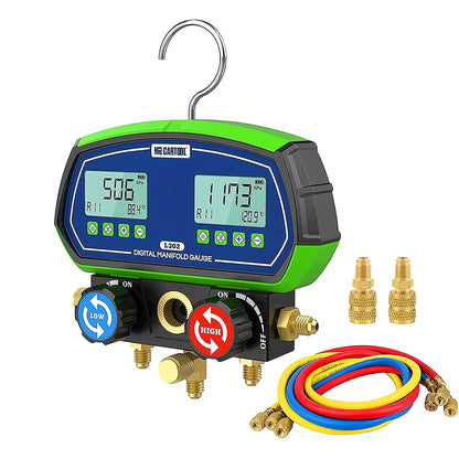 MR CARTOOL L302 - Juego de medidores digitales de 2 válvulas, sistemas refrigerantes HVAC, herramienta de comprobador de presión de fugas con 3 mangueras para aire acondicionado, refrigeración y