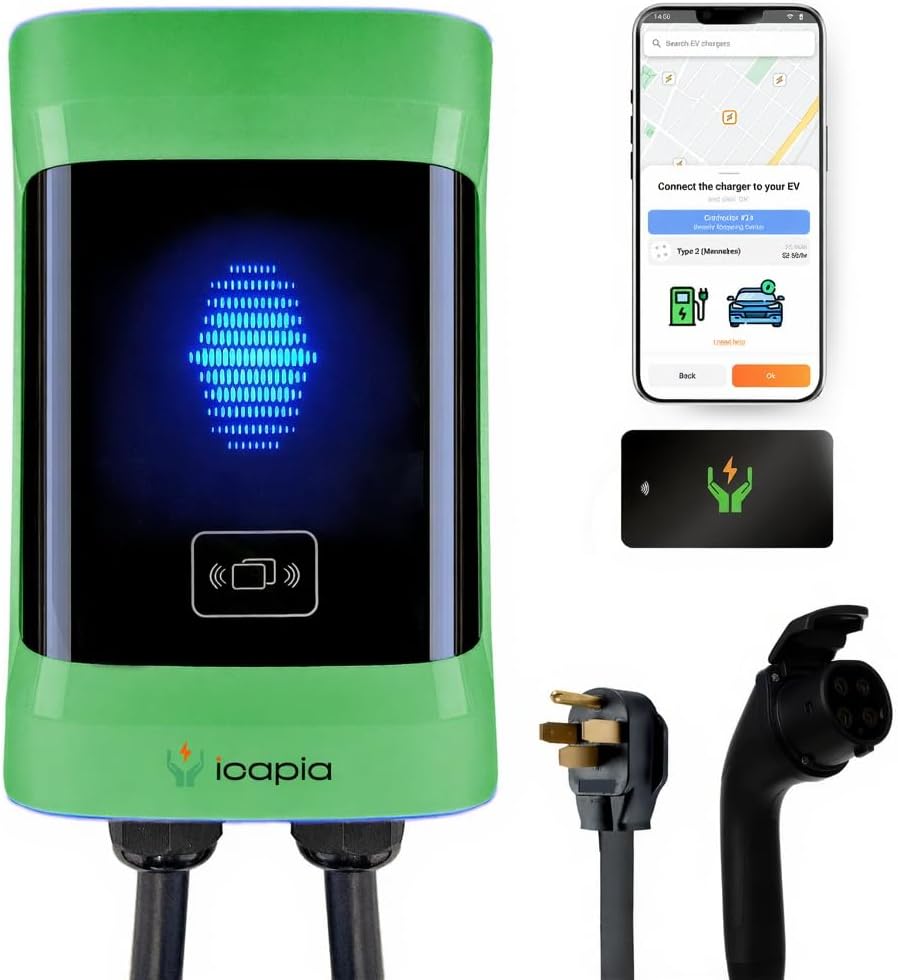 Icapia Cargador EV de nivel 2 comercial – 11.5kW Hardwire o 9.6kW Plug-in con cable de 25 pies, conector J1772 | Estación de carga habilitada y totalmente lista para OCPP 1.6 – RFID, control de aplicaciones ICACOP48-PS J1772