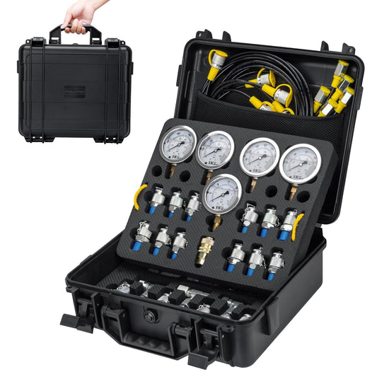 Kit de prueba de presión hidráulica, 5 indicadores (10/100/250/400/600bar) 60mpa 13 acoplamientos de prueba, 14 conectores en T, 5 mangueras de prueba con estuche de transporte portátil