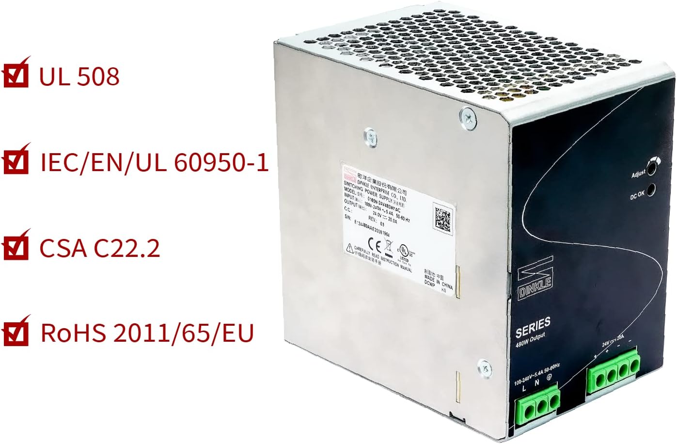 Fuente de alimentación de riel DIN 480W 24VCC 20A, 1 monofásico, 0165N-24V480W1ACQ