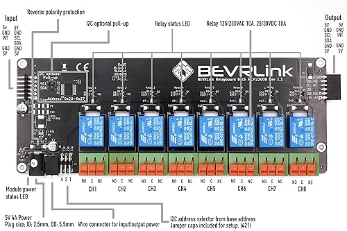 BEVRLink Relé de 8 canales 5V V1 | 8 CH | para Raspberry Pi, Arduino, ESP32, ESP8266, otros ordenadores y microcontroladores de una sola placa | I2C | GPIO