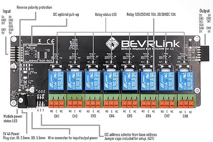 BEVRLink Relé de 8 canales 5V V1 | 8 CH | para Raspberry Pi, Arduino, ESP32, ESP8266, otros ordenadores y microcontroladores de una sola placa | I2C | GPIO