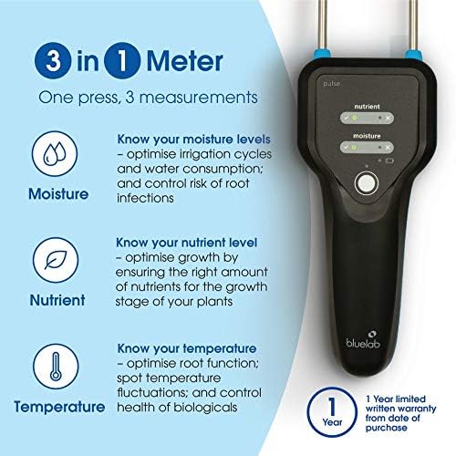 Bluelab METPULSE Medidor de pulso de agua 3 en 1 humedad/nutrientes (TDS)/kit de prueba de temperatura para suelo de jardín, coco y solución, éster para sistema hidropónico y cultivo de plantas de interior, transparente