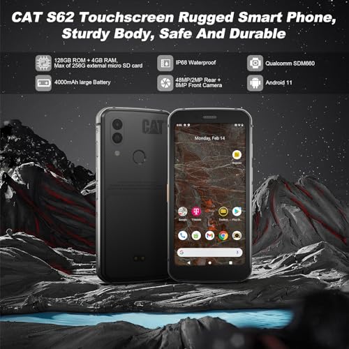 CAT S62 Teléfono celular resistente desbloqueado (128GB, 4GB) 5.7 "IP68 impermeable Android Smartphone, cámara 4K de 48MP, batería todo el día, NFC, desbloqueo de huellas dactilares, Snapdragon 660