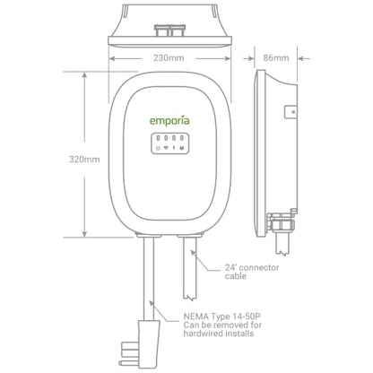 EMPORIA ENERGY Cargador Inteligente para vehículos eléctricos, 48 A, Nivel 2, Energy Star/UL, NEMA 14-50 o Cable Duro, Cable de 25 pies, EVSE para Interiores y Exteriores